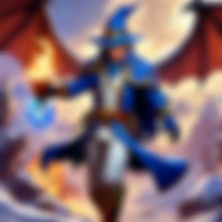 Blue mage riding a dragon through a mystical realm