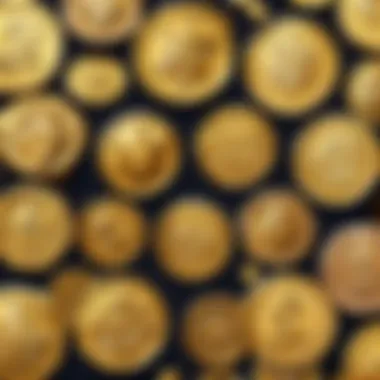 A close-up view of various gold coins showcasing intricate designs and details.