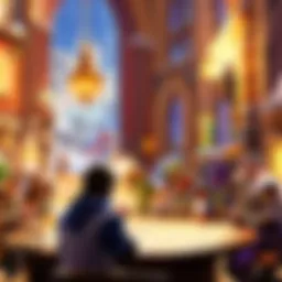 A vibrant Hearthstone tournament in a city center venue showcasing players in an intense match.