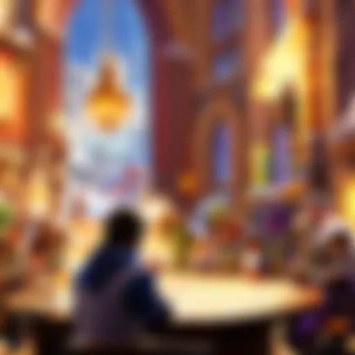 A vibrant Hearthstone tournament in a city center venue showcasing players in an intense match.