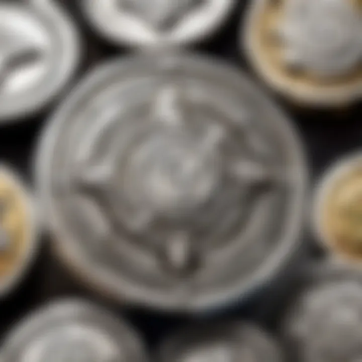 A diverse collection of silver coins showcasing various designs and sizes.