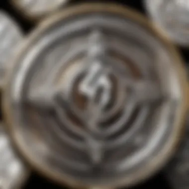 Close-up view of a silver coin with intricate details highlighting its craftsmanship.