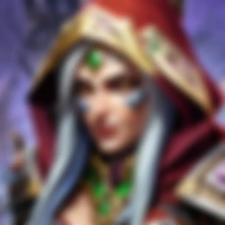 Artistic depiction of Sylvanas interacting with other characters in Hearthstone.