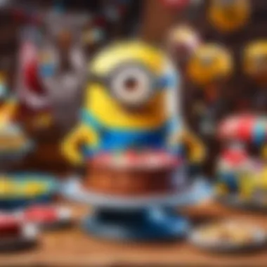 A table setting featuring a Minion-themed birthday party with decorations and the cake.