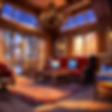 Cozy gaming lounge within the inn, filled with Hearthstone memorabilia.