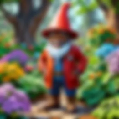 A close-up of a Samuel L. Jackson garden gnome sitting in a lush garden, surrounded by playful garden decorations.