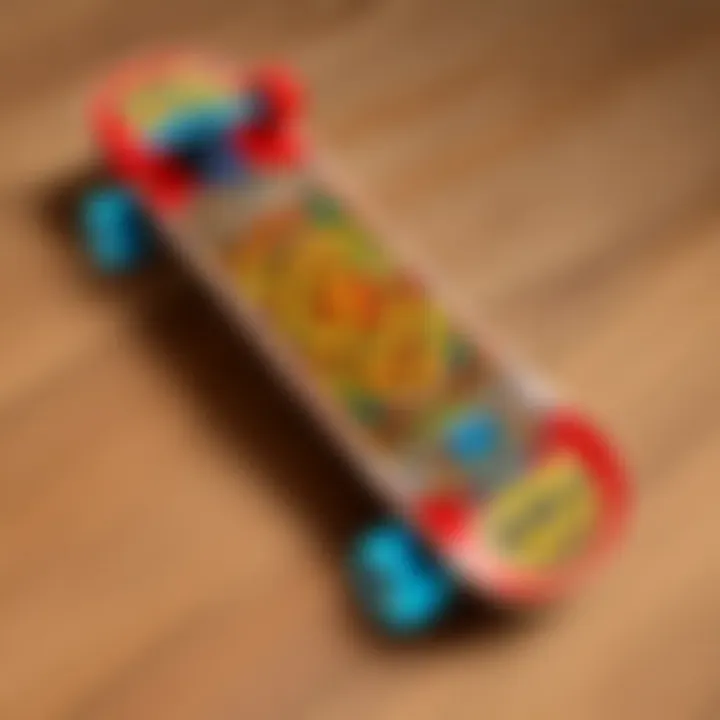 Close-up of a unique Tech Deck skateboard featuring intricate graphics